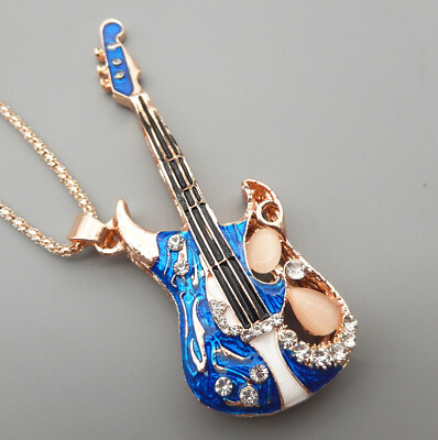 #ad Fashion Blue Enamel Opal Crystal Music Guitar Pendant Long Necklace $6.99