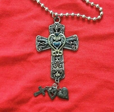 #ad Gemstone Cross Religious Medal Cross amp; Heart Charms Attached †† vtg $26.20