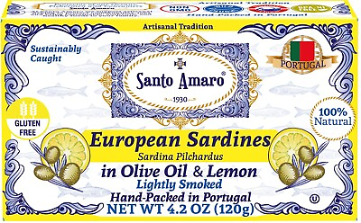 #ad 12 Pk Santo Amaro European Wild Sardines in Olive Oil amp; Lemon Lightly Smoked $52.99