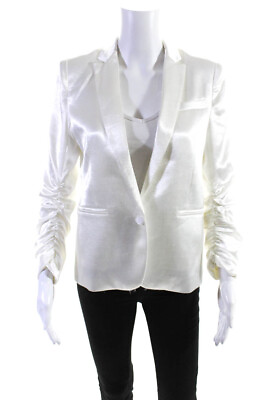 #ad Generation Love Womens Ruched Sleeve Peak Lapel Satin Blazer Jacket White XS $48.79
