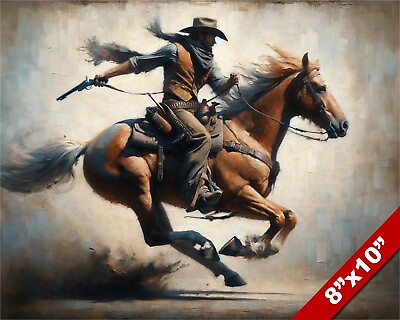 #ad WESTERN COWBOY RIDING HORSE WITH PISTOL PAINTING REAL CANVAS ART PRINT $14.99