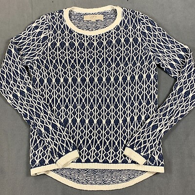 #ad Loft Sweater Womens XXS Blue White 100% Knit Linen Sweater Long Sleeve Crew Neck $16.20
