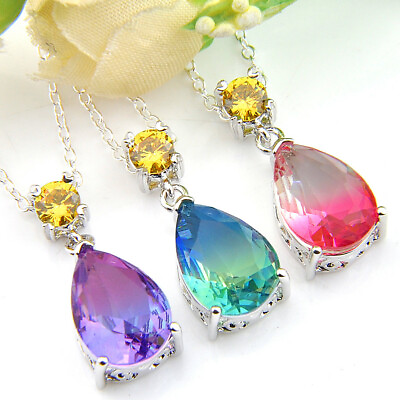 #ad Teardrop Set 3 Pcs Rainbow Bi Color Tourmaline Gemstone Silver Necklace Pendants $14.81