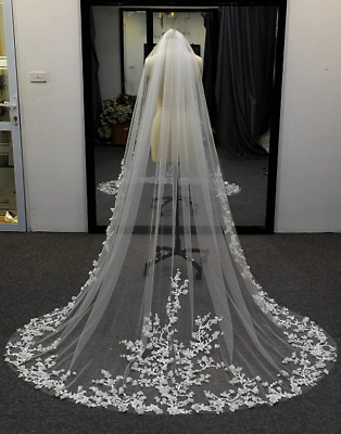 #ad Wedding Veils 3D Flowers Floral Veil 1 Tier Long Cathedral Lace Edge Exquisite $73.67