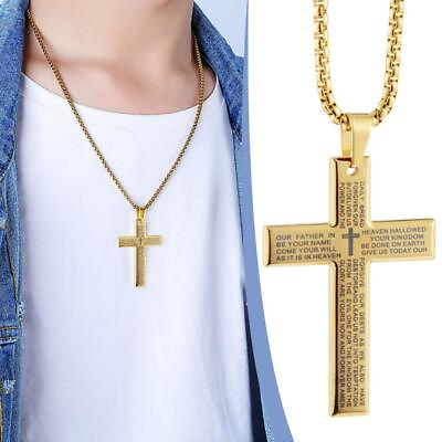 #ad #ad Cross Necklace Men Women Stainless Steel Engrave Lord#x27;s Prayer Pendant Chain B $2.20