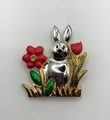 #ad Cute enamel gold and silver tone bunny rabbit easter brooch pin $10.00