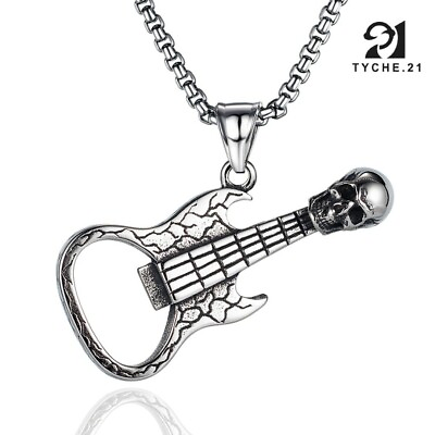#ad Men Rock N Roll Skull Guitar Pendant Necklace Punk Retro Biker Jewelry Chain 24quot; $11.99