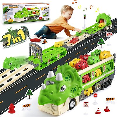 #ad Music And Lights Dinosaur Transport Car Toys Carrier Truck With 6 Mini Cars Toy $18.99
