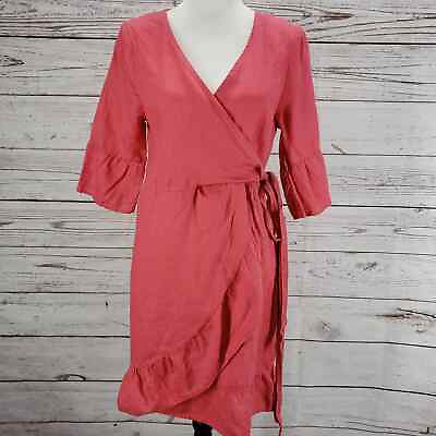 #ad Anthropologie 4our Dreamers Women#x27;s Pink Linen Wrap Dress Size Small $38.00