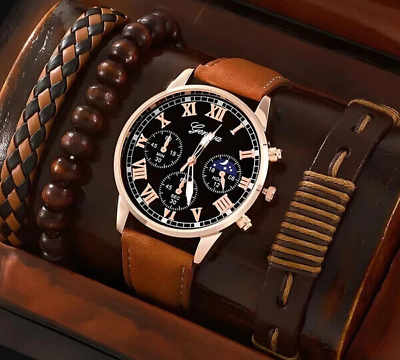 #ad GENEVA Men Watch With 3 Bracelets Gift Set Men Luxury Quartz Watch Gift Set $12.99