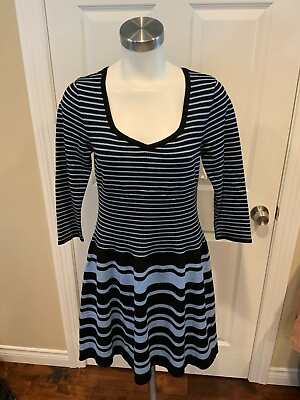 #ad Nanette Lepore Blue Striped Knit Fit amp; Flare Dress Size L NWT $298 $103.75