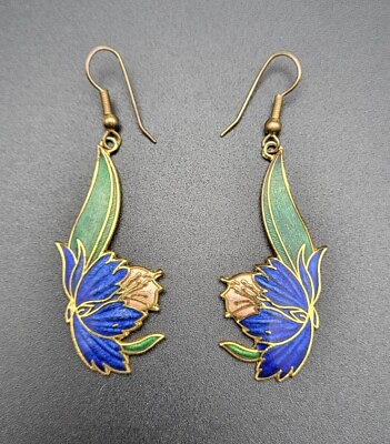 #ad Vintage Cloisonne Floral Dangle Earrings Enamel Blue Flower Gold Tone 80s $16.99