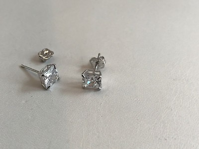 #ad 14K SOLID WHITE GOLD STUD EARRINGS W 1 CT PRINCESS LAB CREATED DIAMONDS 5MM $100.01