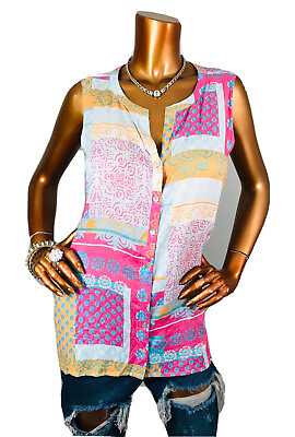 #ad J.Jill L Top NWT $79 Summer Lite Low Cut Soft Sleeveless Button Up Shirt Blouse $19.99
