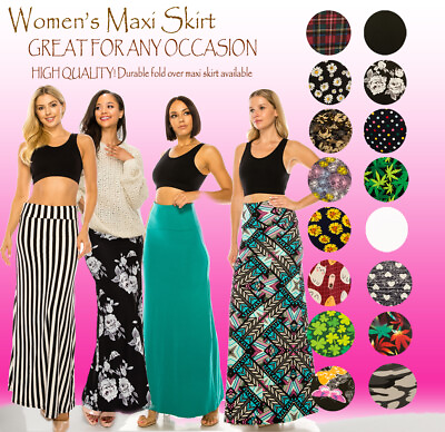 #ad Women#x27;s Long Maxi Skirt – Casual Fold Over Elastic Waistband Soft Flared Skirt $16.98