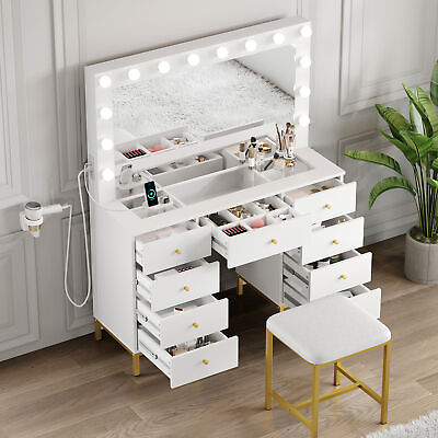#ad Vanity Set with Led Lights Makeup Desk Dressing Dresser Desk Table with 9 Drawer $243.99