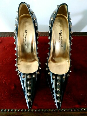 #ad Dolce amp; Gabbana Women#x27;s Black Patent Leather High Heels Shoes With Studs Italy $233.10