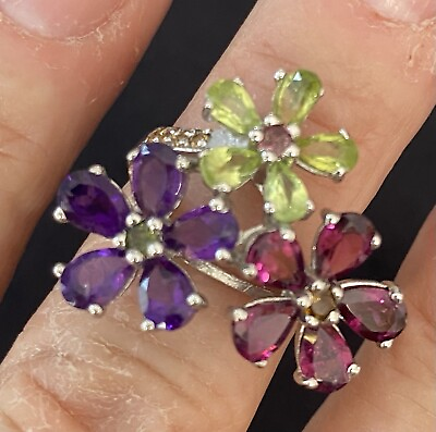 #ad Sterling Gemstone Floral Ring $325.00