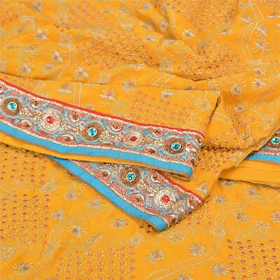 #ad Sanskriti Vintage Yellow Indian Sarees 100% Pure Silk Hand Beaded Sari Fabric $82.13