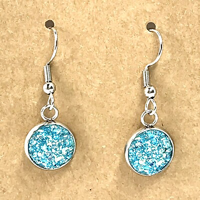 #ad Aqua Blue Druzy Earrings Sparkle Lightweight Faux Stone 1quot; Long Silver Tone B $6.89