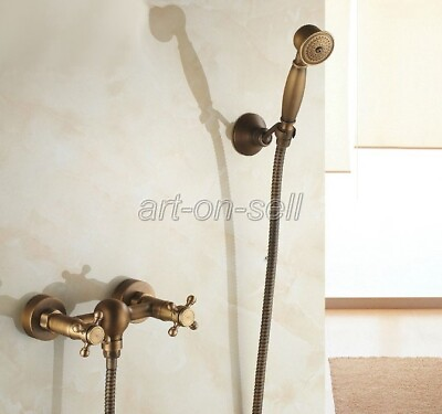 #ad Antique Brass Bathroom Wall Mounted Hand Held Shower Taps Dual Cross Handle $68.43