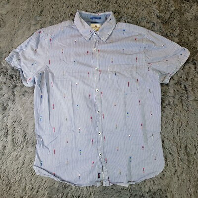 #ad Ditch Plains Ricky Singh Mens L Blue Striped Wine Short Sleeve Button Down Shirt $19.88