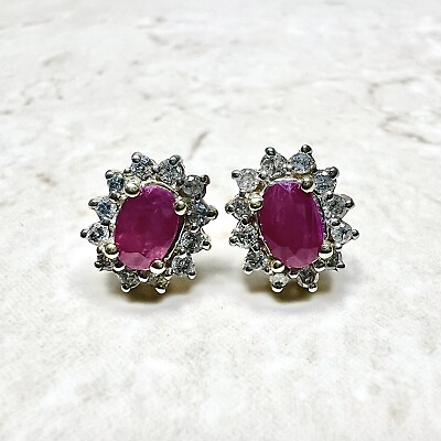 #ad 14K Oval Ruby amp; Diamond Halo Stud Earrings 14K Yellow Gold Ruby Earrings $535.50