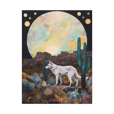 #ad Celestial Wolf Folk Art Print Wall Décor Super Moon Nature Wiccan Gift Canvas $199.99