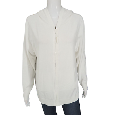#ad Belle by Kim Gravel Zip Front Hoodie Large Sz White Sweatshirt Top w Pockets $26.19
