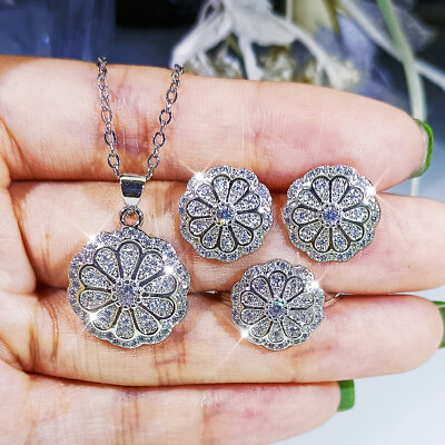 925 Silver Jewelry Set Luxury Women Cubic Zircon Ring Flower Necklace Earring C $8.59