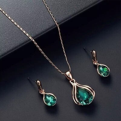 #ad Awesome Retro Water Droplets Green Crystal Earrings and Necklace Set $9.98