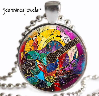 #ad Guitar NECKLACE Faux Stained Glass Art Print Silver Charm Pendant Musician Gift $17.59