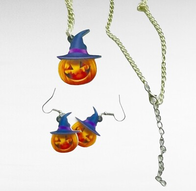 #ad Halloween Day of the Dead PUMPKIN Kids Adults Acrylic Earrings Necklace SET $6.00