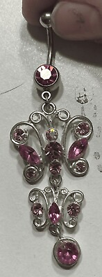 #ad Pink Gem amp; Silver Butterfly Inspired Dangle Belly Ring $18.00