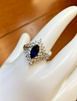 #ad Sterling Silver Cocktail Ring Sapphire Marquise Cut 925 ring Sz 8 $124.99