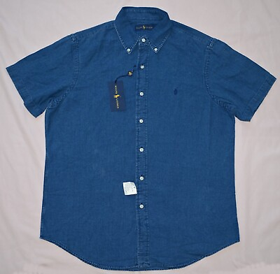 #ad New Large L POLO RALPH LAUREN Mens button down denim shirt Blue short sleeve $39.99