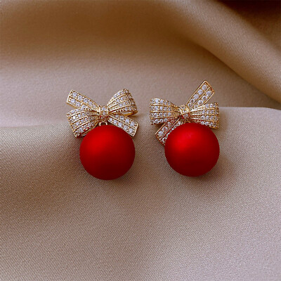 #ad Christmas Crystal Red Bow Ball Earring Stud Drop Dangle Women Jewelry Xmas Gifts C $2.69
