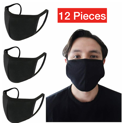 #ad 12 Pack Black Face Mask Reusable Washable Cover Masks Fashion Cloth Men Women $8.25