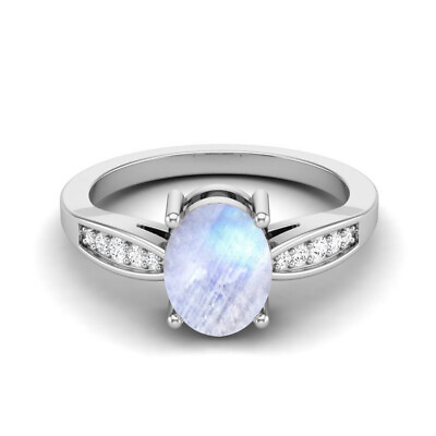 #ad Rainbow Moonstone Oval 8x6mm Ring With Side Accents Rhodium Plated $32.49