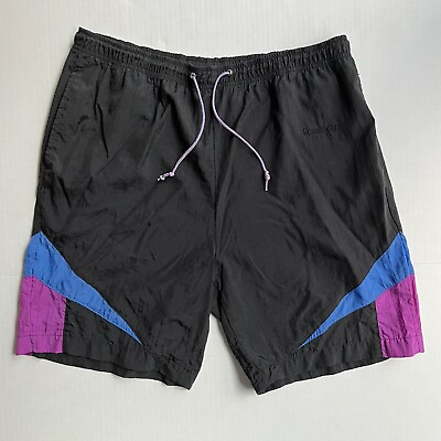 #ad Reebok Shorts Vintage 90s Mens L Black Blue Purple Colorblock Spellout Nylon $17.95