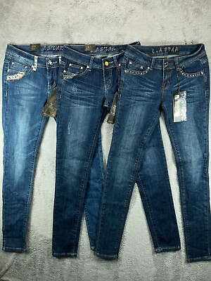 #ad NWT LA STAR Y2K Bling Skinny Jeans LOT of 3 Size 3 28quot; Waist Dark Blue Low Rise $51.10