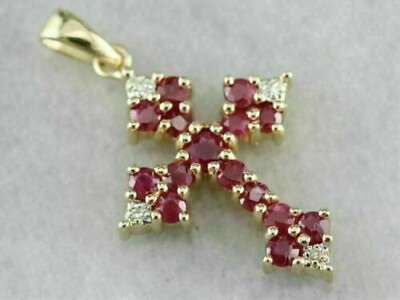 #ad 14k Yellow Gold Over 2.00 Ct Round Cut Red Ruby amp; Diamond Cross Pendant Necklace $28.00