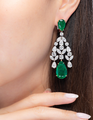 #ad 47.49TCW Vivid Green Teardrop Emeralds amp; Lab Created White Diamonds Earrings $430.00