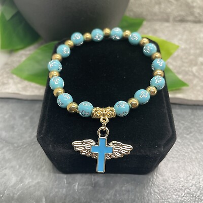 #ad Handmade Beaded Stackable 6.5quot; Plus Stretch Bracelet New Cross Wings A1601 $10.92