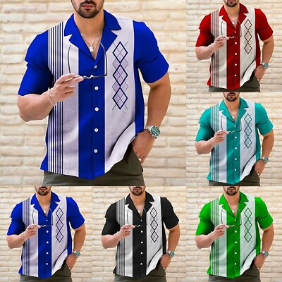 #ad Mens Casual Vintage Bowling Shirt Retro Striped Short Sleeve Button Down Shirts $18.89