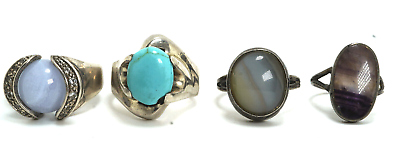 #ad Lot of 4 Sterling Silver Cabochon Gemstone Rings Turquoise Agate amp; More 5 8.5 $85.00