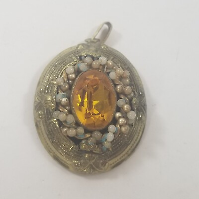 #ad Vintage Gold tone Rhinestone Necklace Pendant Large Dome Shape $19.99