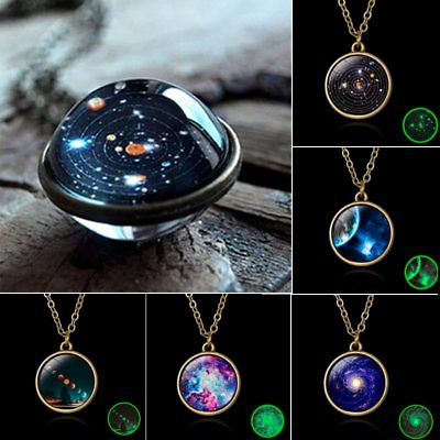 #ad Glow in the Dark Necklace Pendant Galaxy Double Side Glass Planet Ball Hot Gift C $2.00