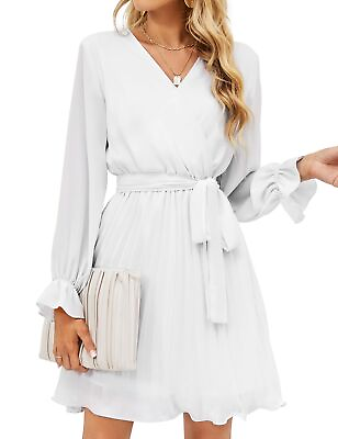#ad BBX Lephsnt Women’s Long Puff Sleeve Pleated Ruffle Flowy Belted Dress White L $7.99