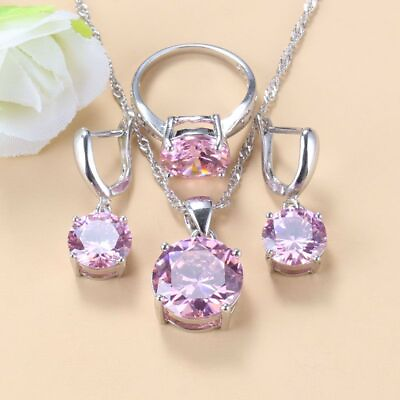 Cubic Zirconia Ring Earrings Color Pink Necklace Women Fashion Jewelry Sets $14.46